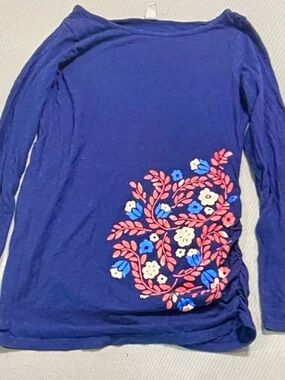 Navy Long Sleeve Floral Tee with Pink & Blue Embroidery